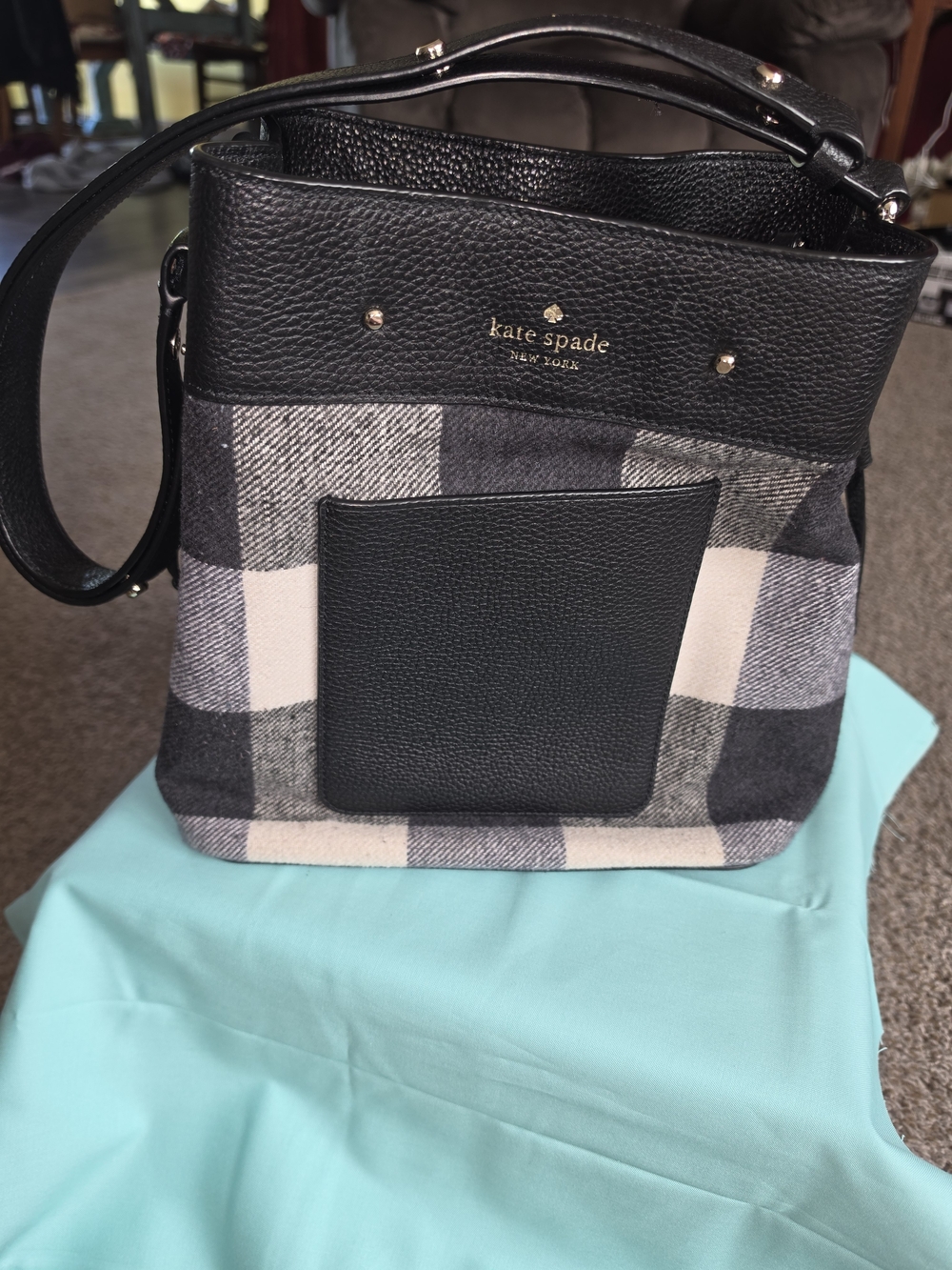 kate spade Black and Gray Plaid Leather-Trim Crossbody Bag
